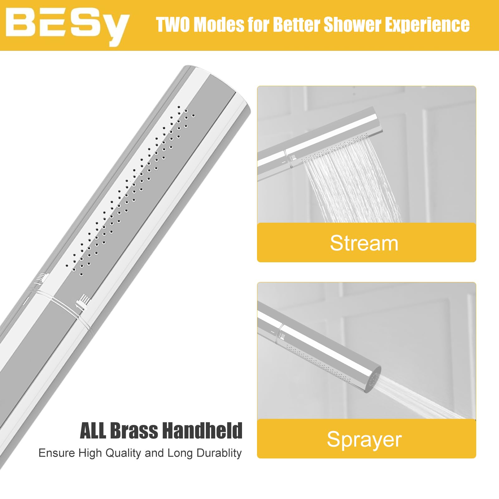 BESy chrome brass 2-in-1 shower head set hose connection close-up for easy setup