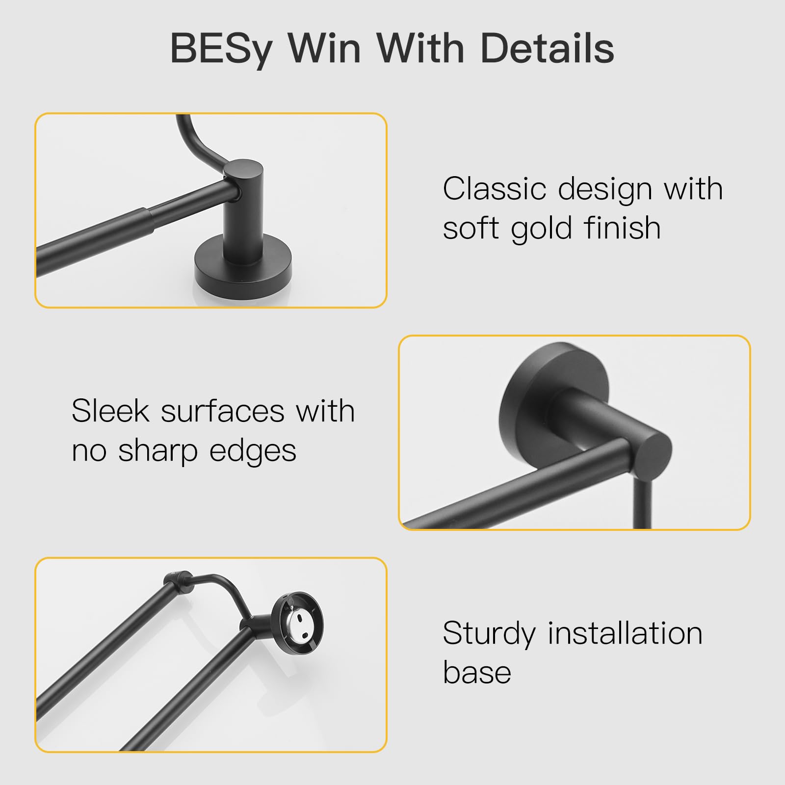 BESy rustproof towel holder with matte-black finish for long-term durability.