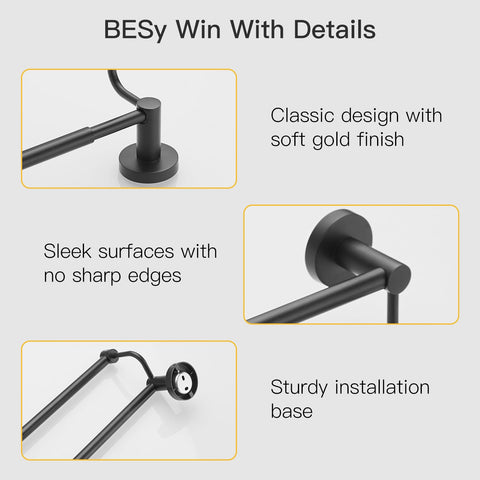 BESy rustproof towel holder with matte-black finish for long-term durability.