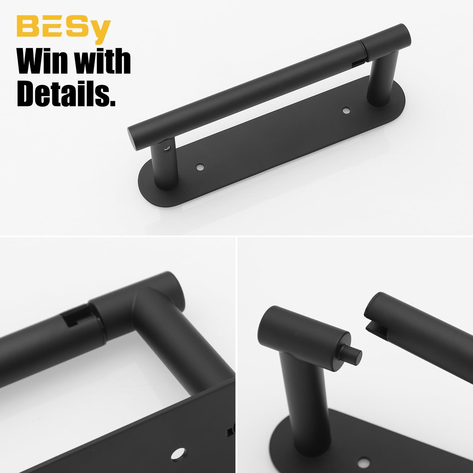 BESy wall-mounted holder features a pivoting arm for quick roll replacement.