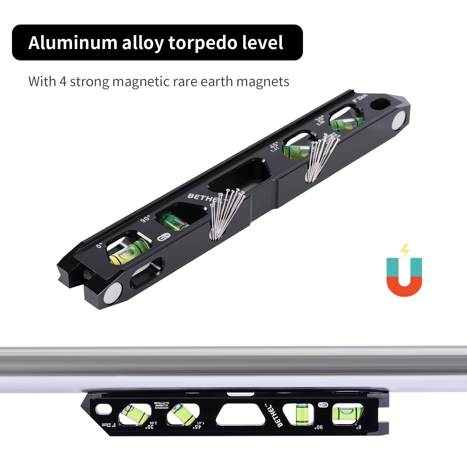 BETHEL level features durable black aluminum frame for demanding jobs.