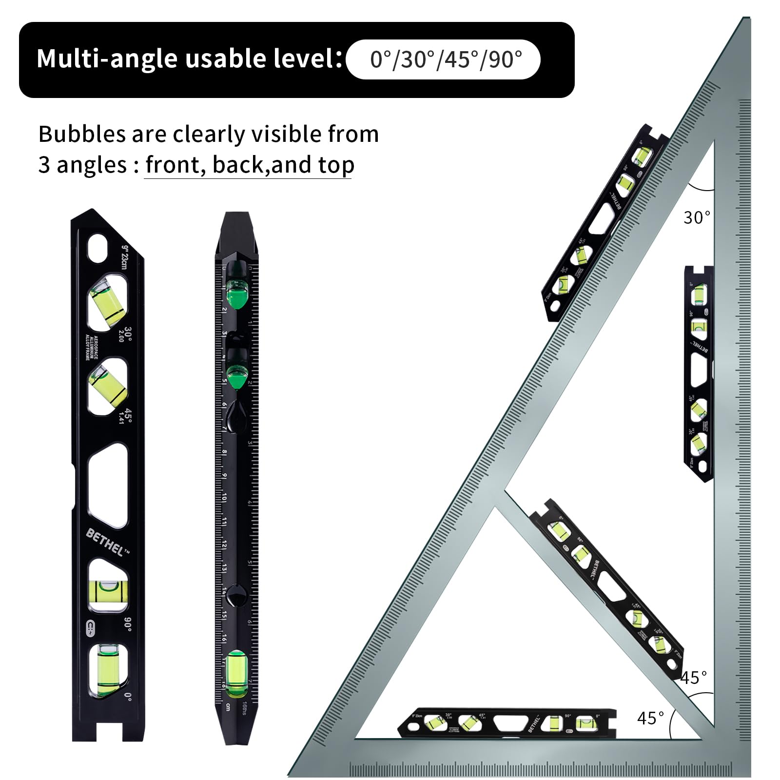 BETHEL level with strong rare earth magnets for hands-free measurements.