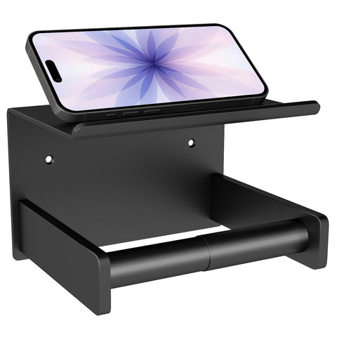 Bethom matte black toilet paper holder with shelf, front view, steady rolls for daily use