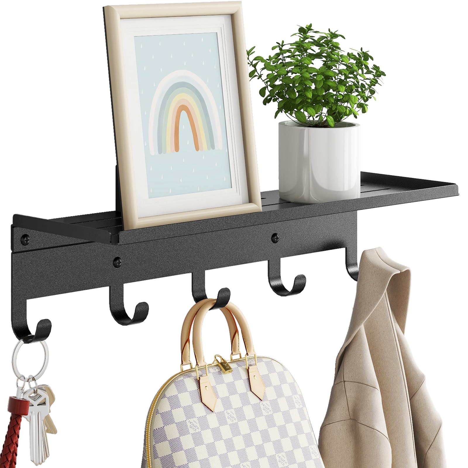 Bethom wall shelf with five hooks for organized entryways.