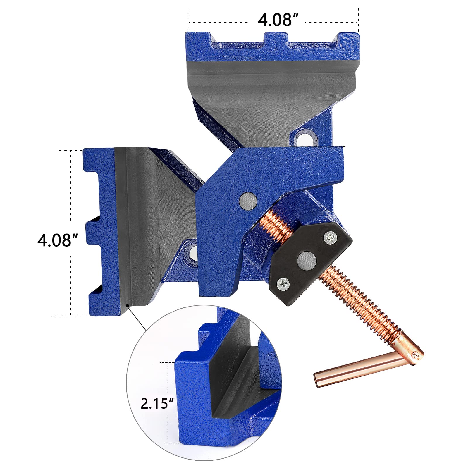 Two way swivel spindle automatically adjusts to different thicknesses for versatile clamping.
