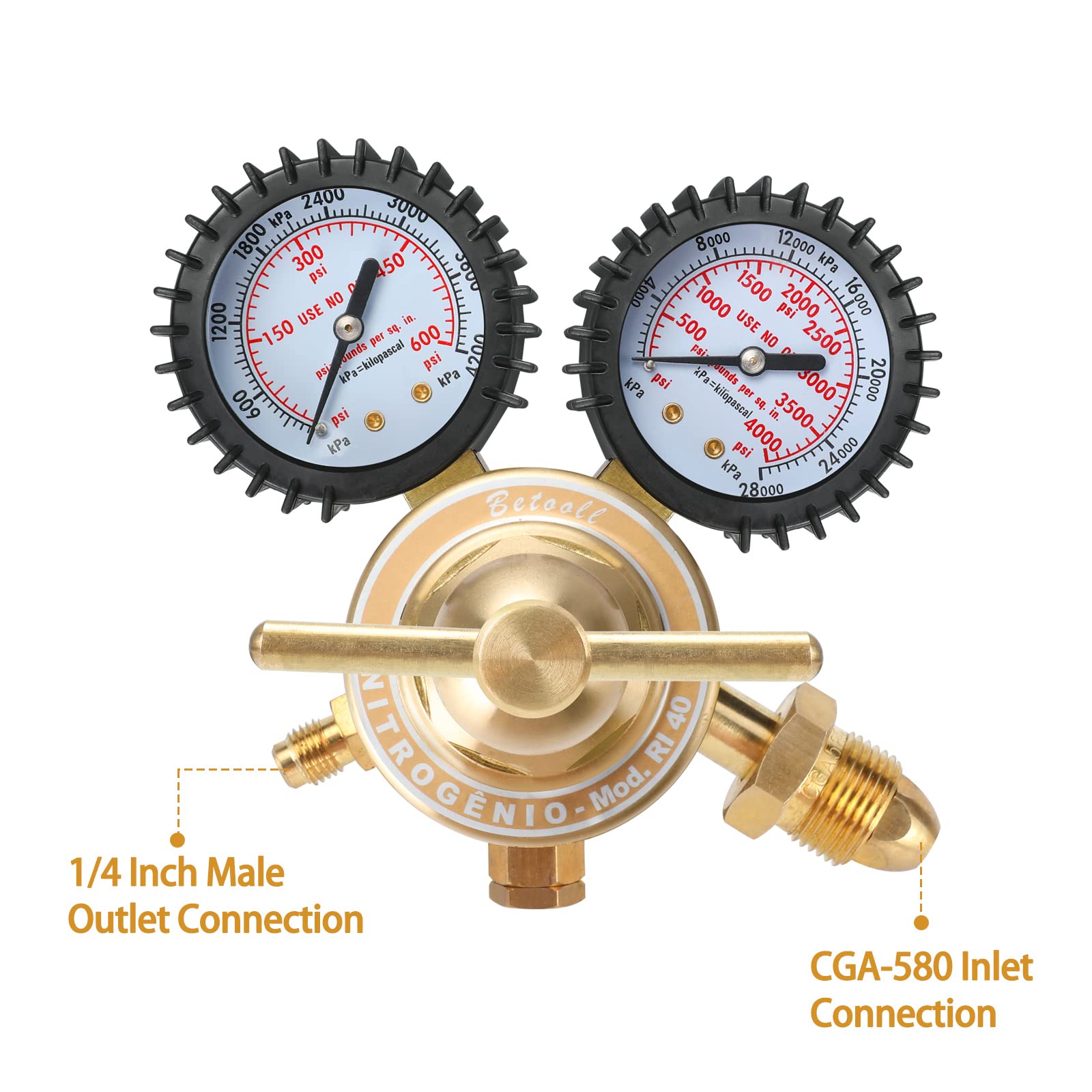 BETOOLL nitrogen regulator dual gauges with protective boots for clear readings.
