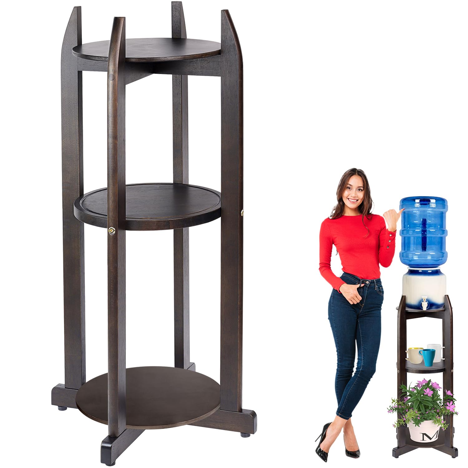 BETSEO natural wood water-dispenser stand full view elevates bottles for easy access.