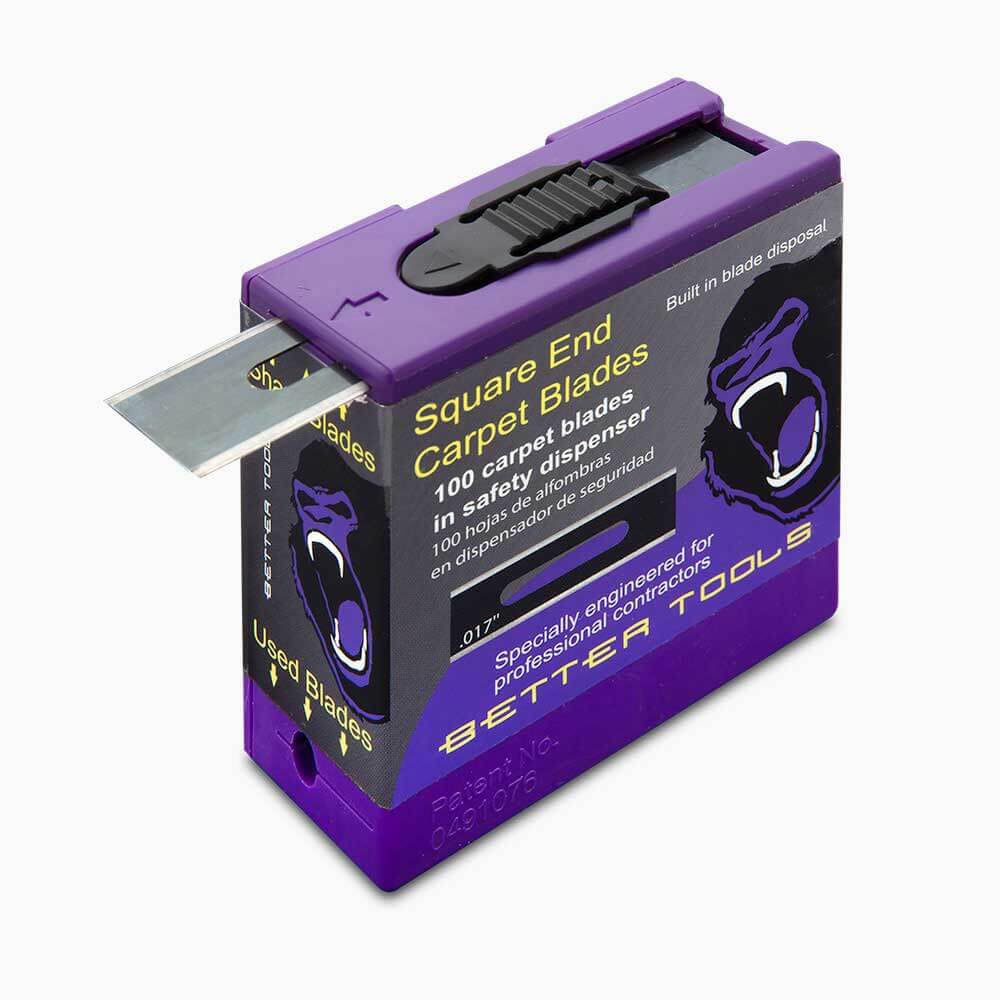 Safety dispenser shown with blades for quick, safe changes during carpet installations.