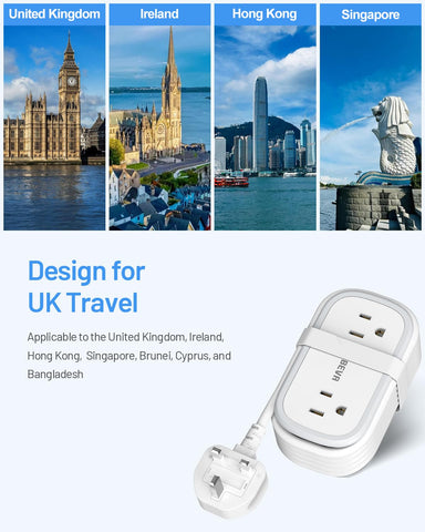 BEVA UK adapter shows 2 AC outlets, 2 USB-A, and 1 USB-C for multi-device charging.