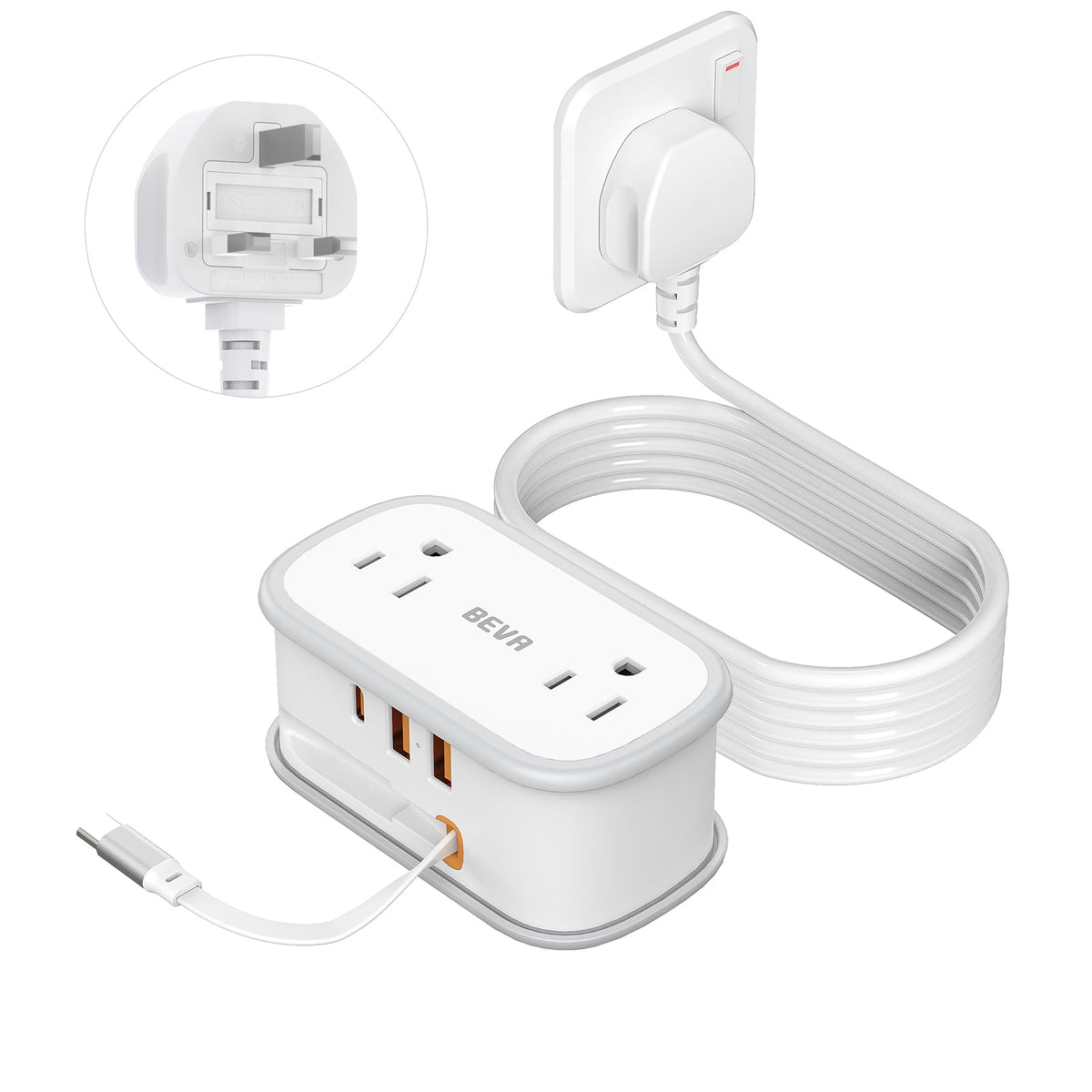 BEVA UK adapter with 6-in-1 outlets and USB-C for versatile travel charging.