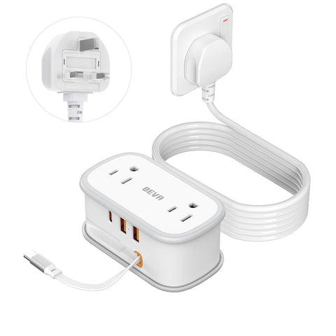 BEVA UK adapter with 6-in-1 outlets and USB-C for versatile travel charging.