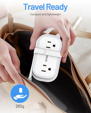 BEVA UK adapter in a hotel room powering multiple devices safely.