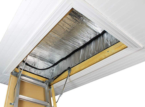 Bevel Energy attic door insulation cover, closed to reduce drafts and heat transfer.