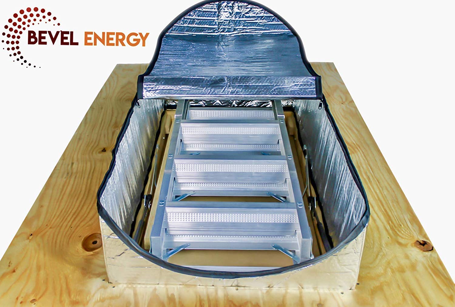 Bevel Energy attic door insulation cover mounted on door for year-round use.