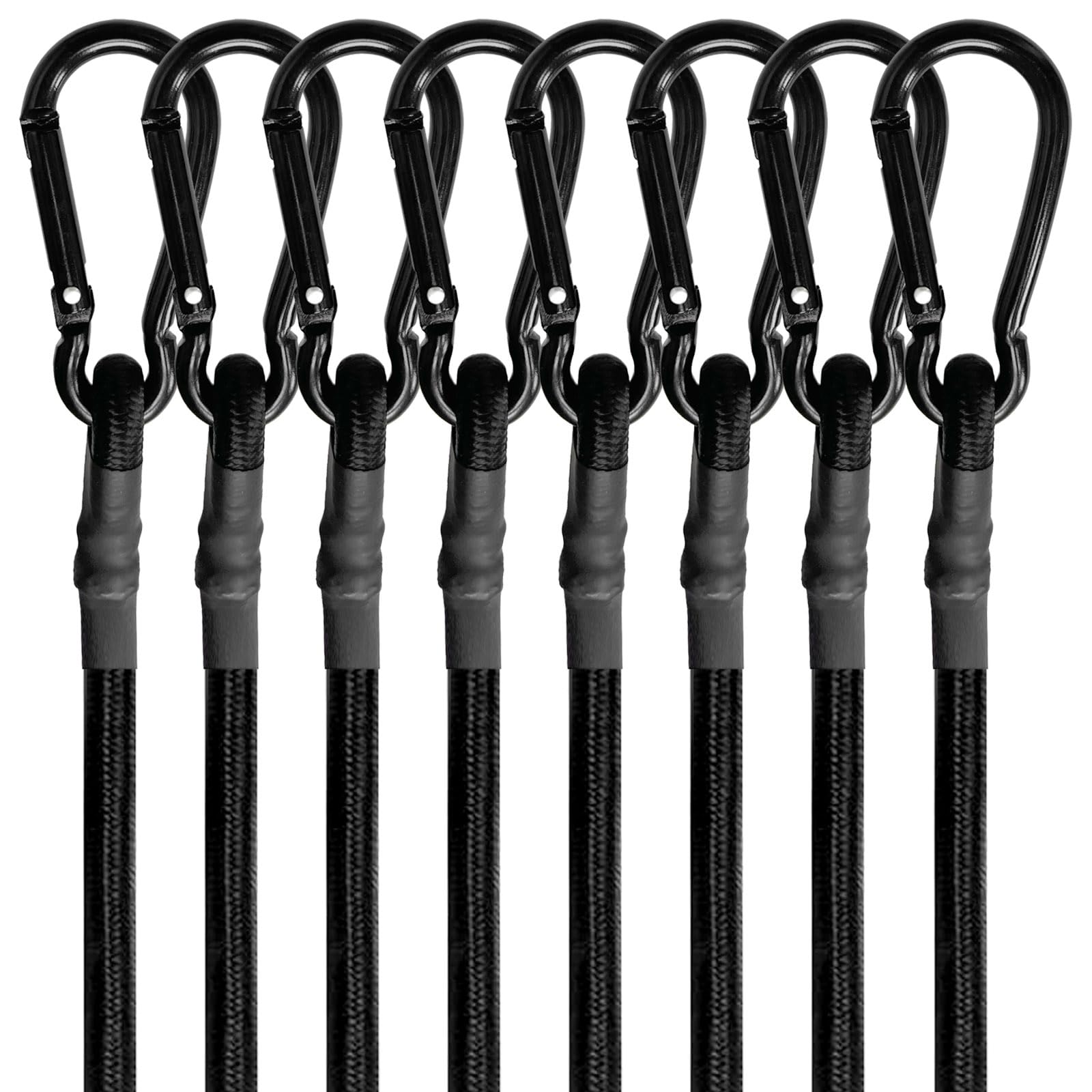 BEXSLE 8mm-24in bungee cord with carabiners for secure outdoor fastening.