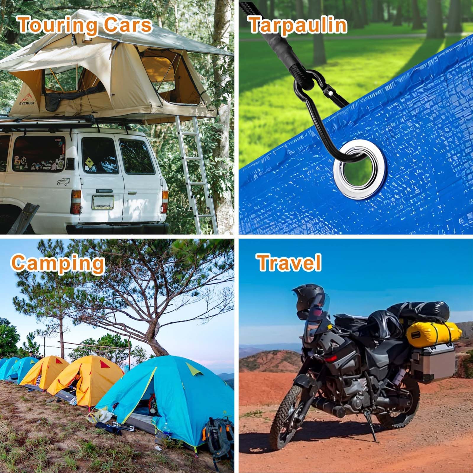 BEXSLE sturdy 8mm cords with carabiners for multipurpose garden, tarp, and travel use.