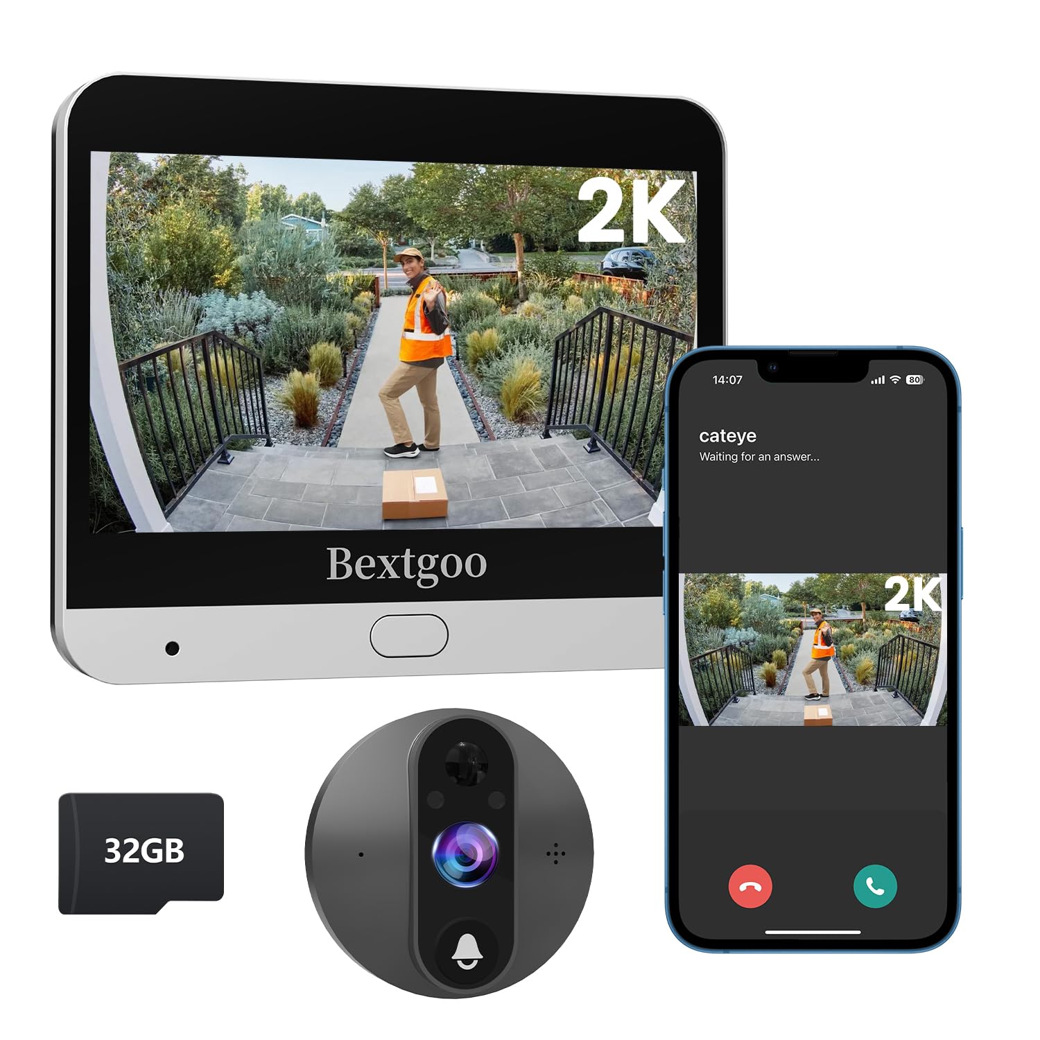Bextgoo 2K peephole front view for clear visitor identification