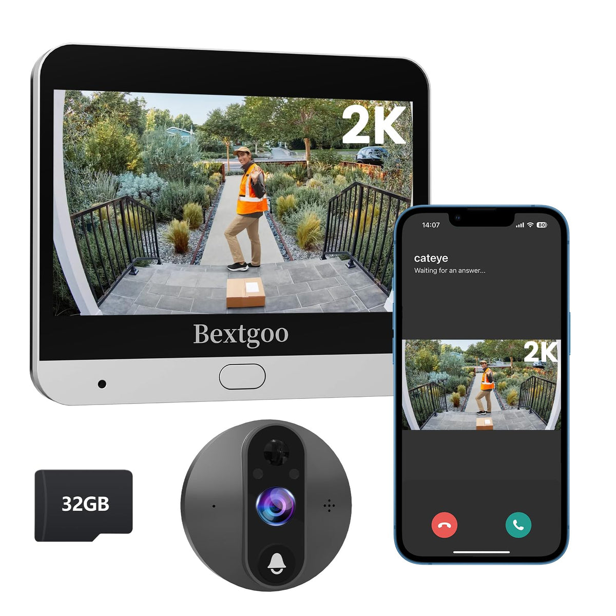 Bextgoo 2K peephole front view for clear visitor identification