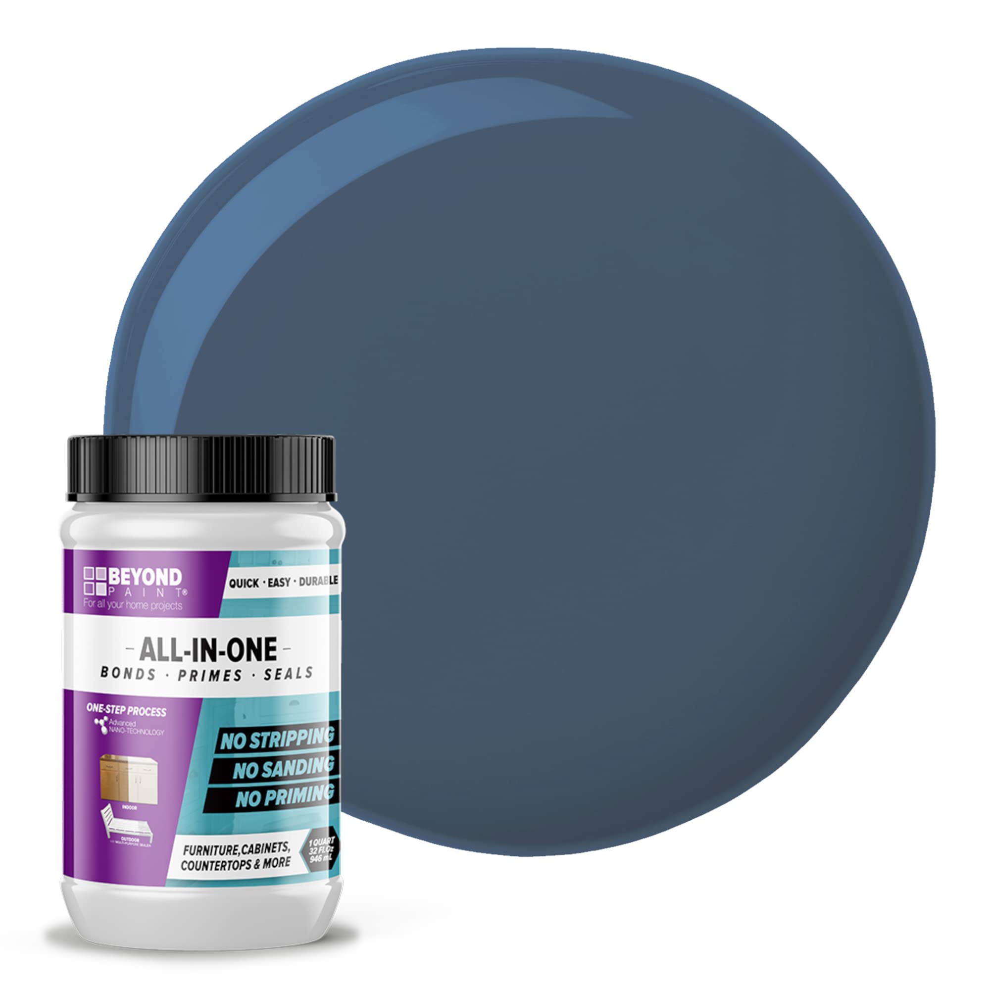 Beyond Paint All-in-One on cabinet doors delivers a durable matte blue finish.