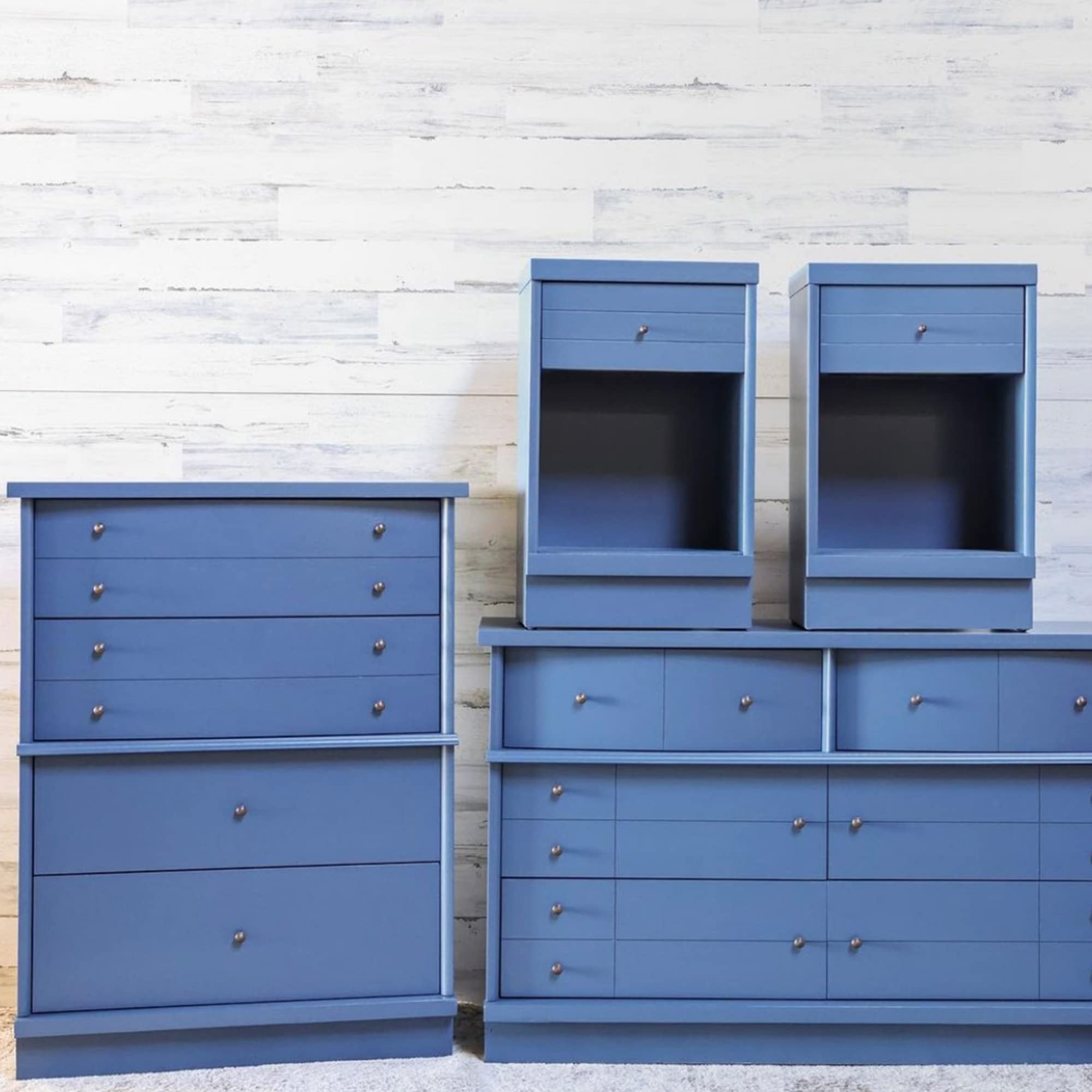 Beyond Paint All-in-One refinished furniture in deep blue with a smooth matte texture.