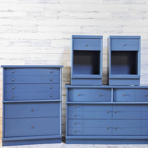 Beyond Paint All-in-One refinished furniture in deep blue with a smooth matte texture.