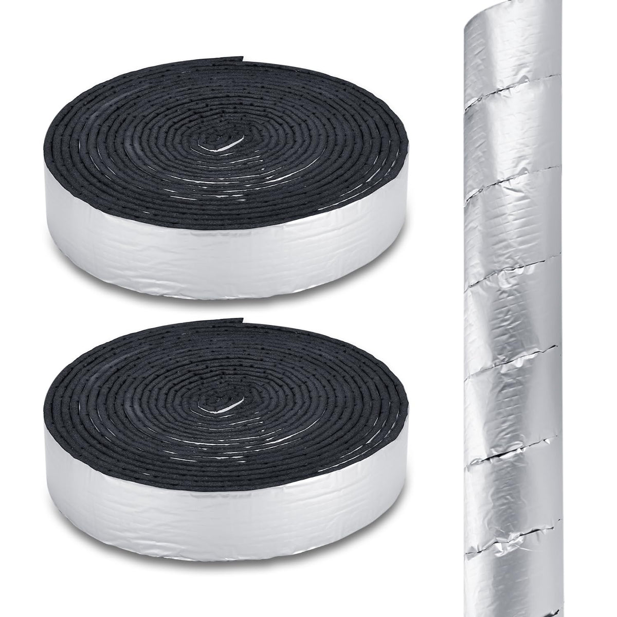 BFHB pipe wrap showing foam-foil layers protecting outdoor pipes from freezing and heat loss