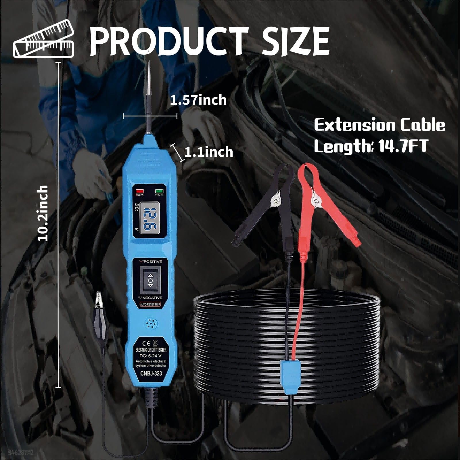 Bfminitool 14.7 ft lead enables easy reach from battery to test point.