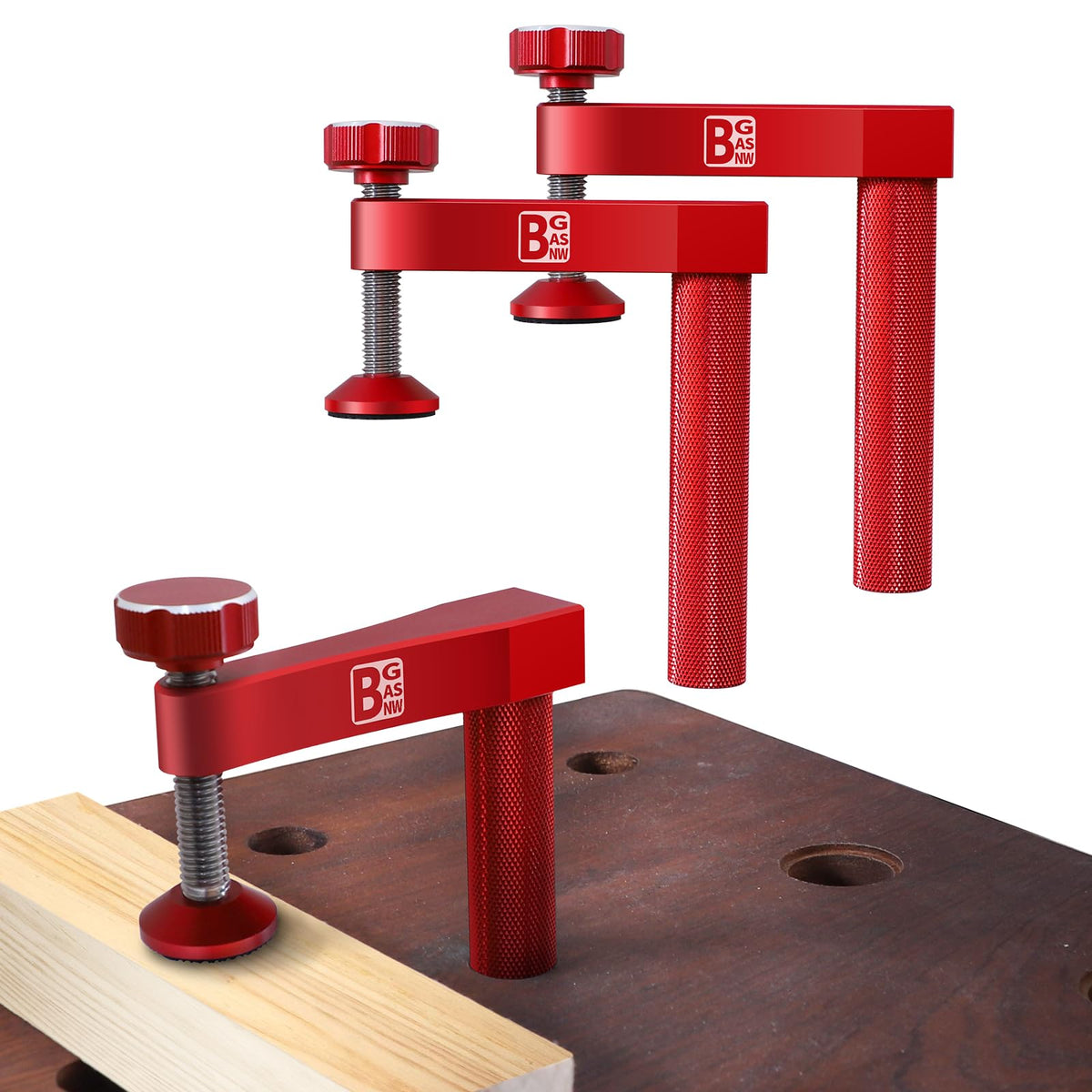 BGASNW bench dog clamp fits 3/4 inch holes for a stable hold.