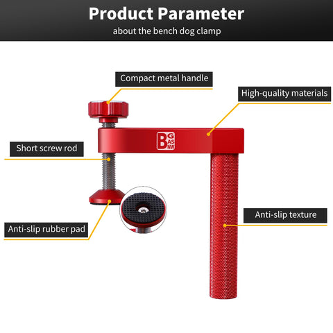 BGASNW bench dog clamp enables one-handed operation for quick securing.
