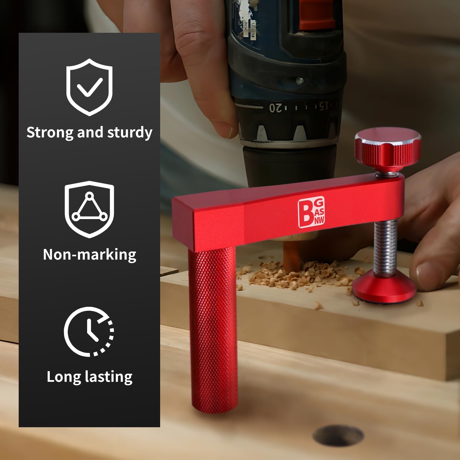 BGASNW clamp with silicone pads protects wood surfaces from marks.