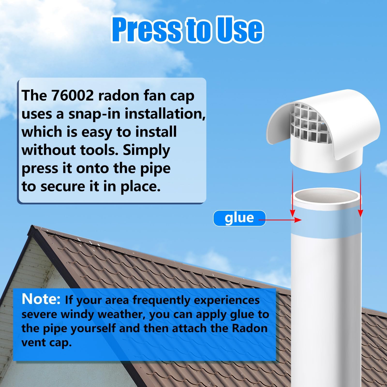 Weatherproof Bghdas vent cap shields the vent from rain and snow.
