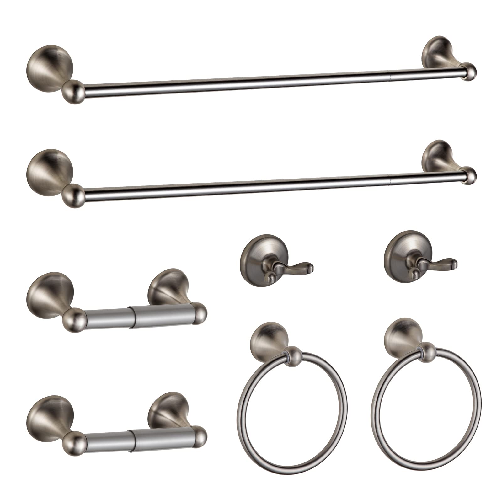 BGL 8-piece brushed nickel bathroom hardware set shown for a cohesive, organized space.