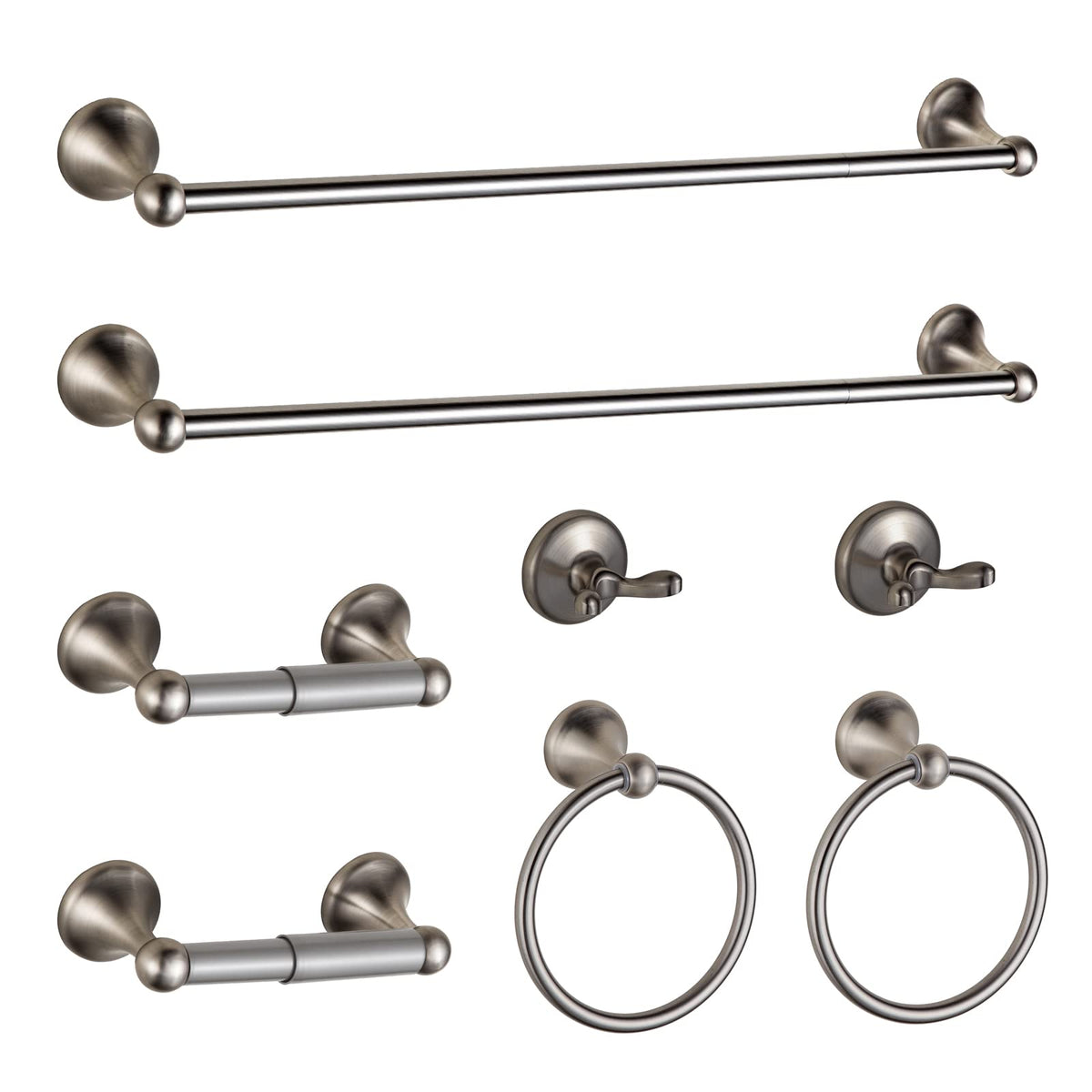 BGL 8-piece brushed nickel bathroom hardware set shown for a cohesive, organized space.