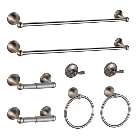 BGL 8-piece brushed nickel bathroom hardware set shown for a cohesive, organized space.