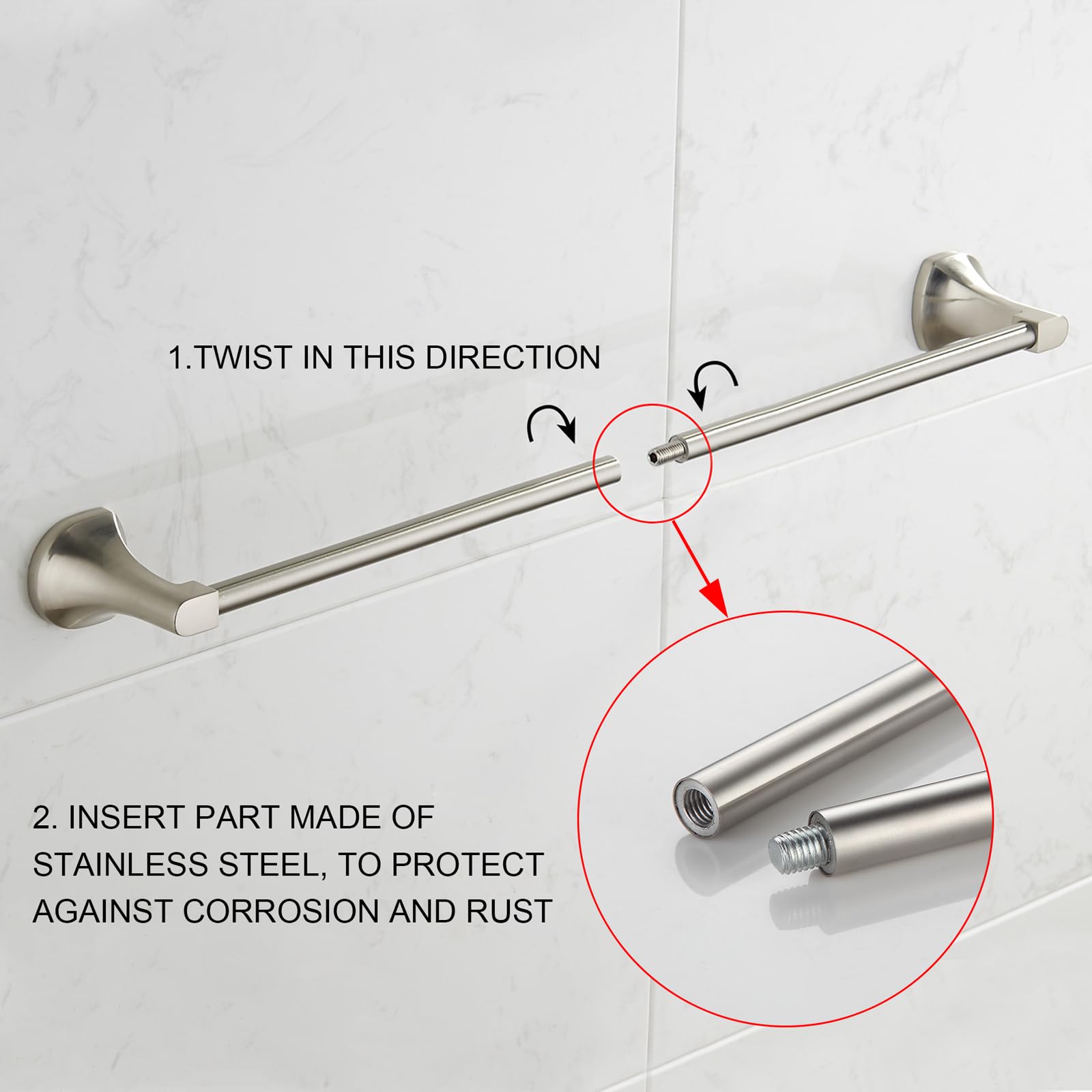 BGL Brushed Nickel hardware highlights zinc alloy construction with anti-corrosion properties.