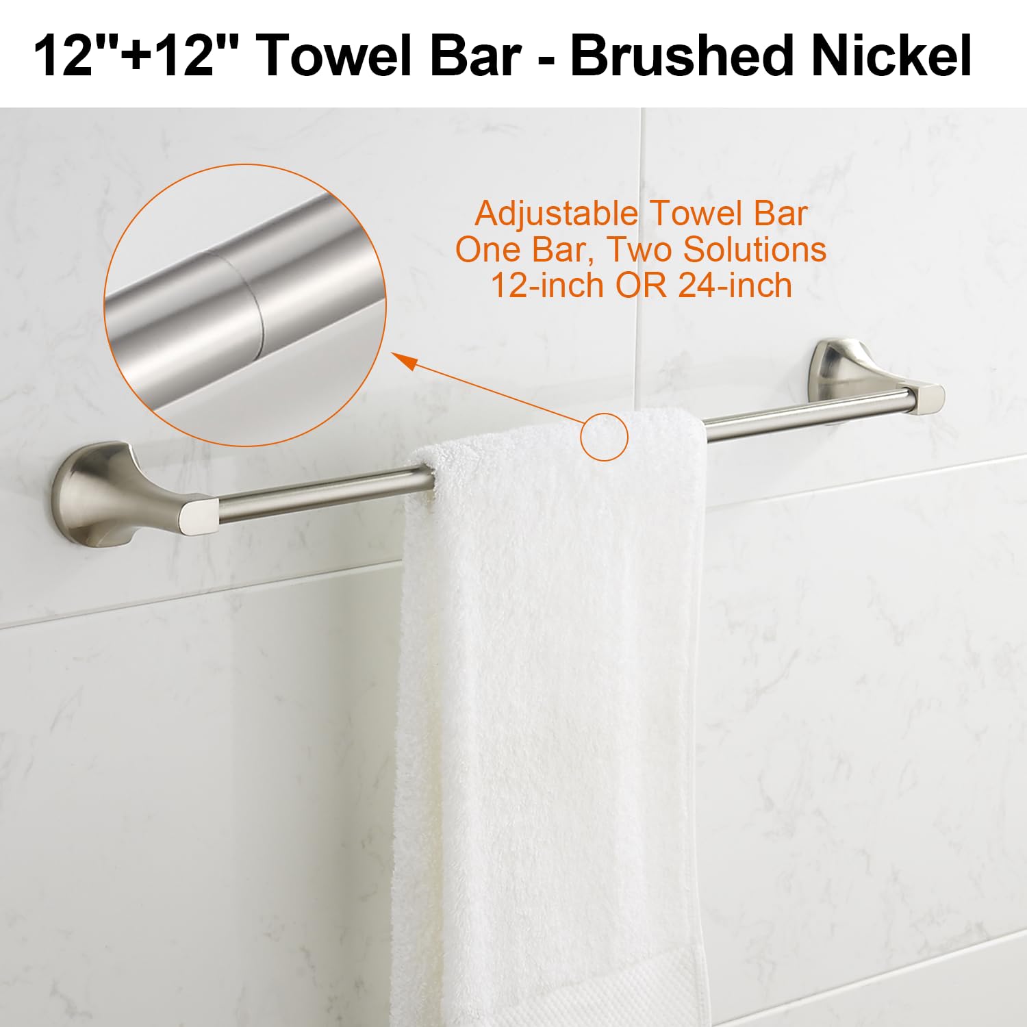 BGL Brushed Nickel towel bar close-up showing sturdy stainless insert for durability.