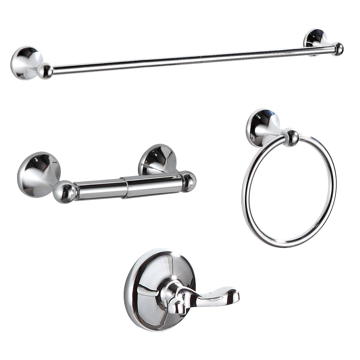 BGL bathroom hardware set in chrome shows four pieces for cohesive organization