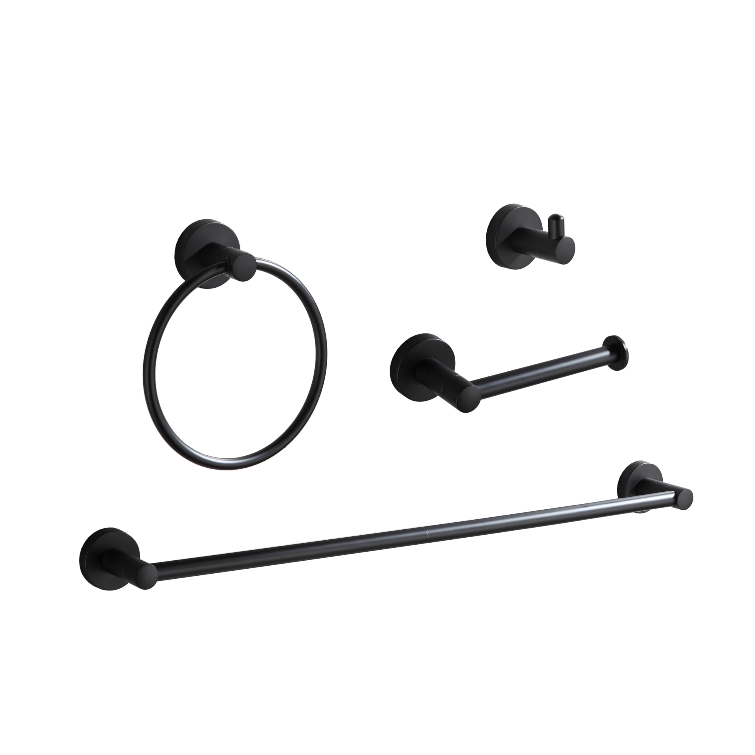 BGL 4-piece matte black bathroom hardware set displayed for coordinated organization.