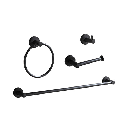 BGL 4-piece matte black bathroom hardware set displayed for coordinated organization.