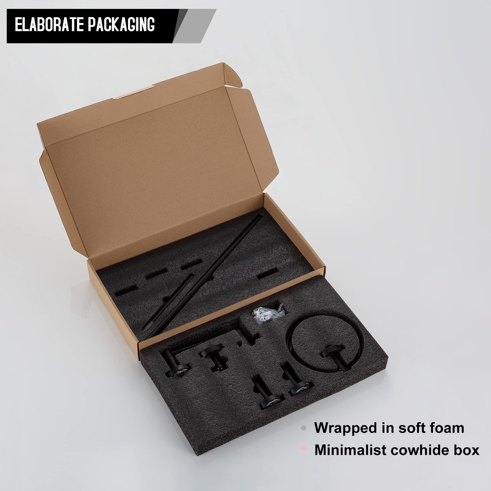 BGL matte black bathroom setup enhances contemporary decor and organization.
