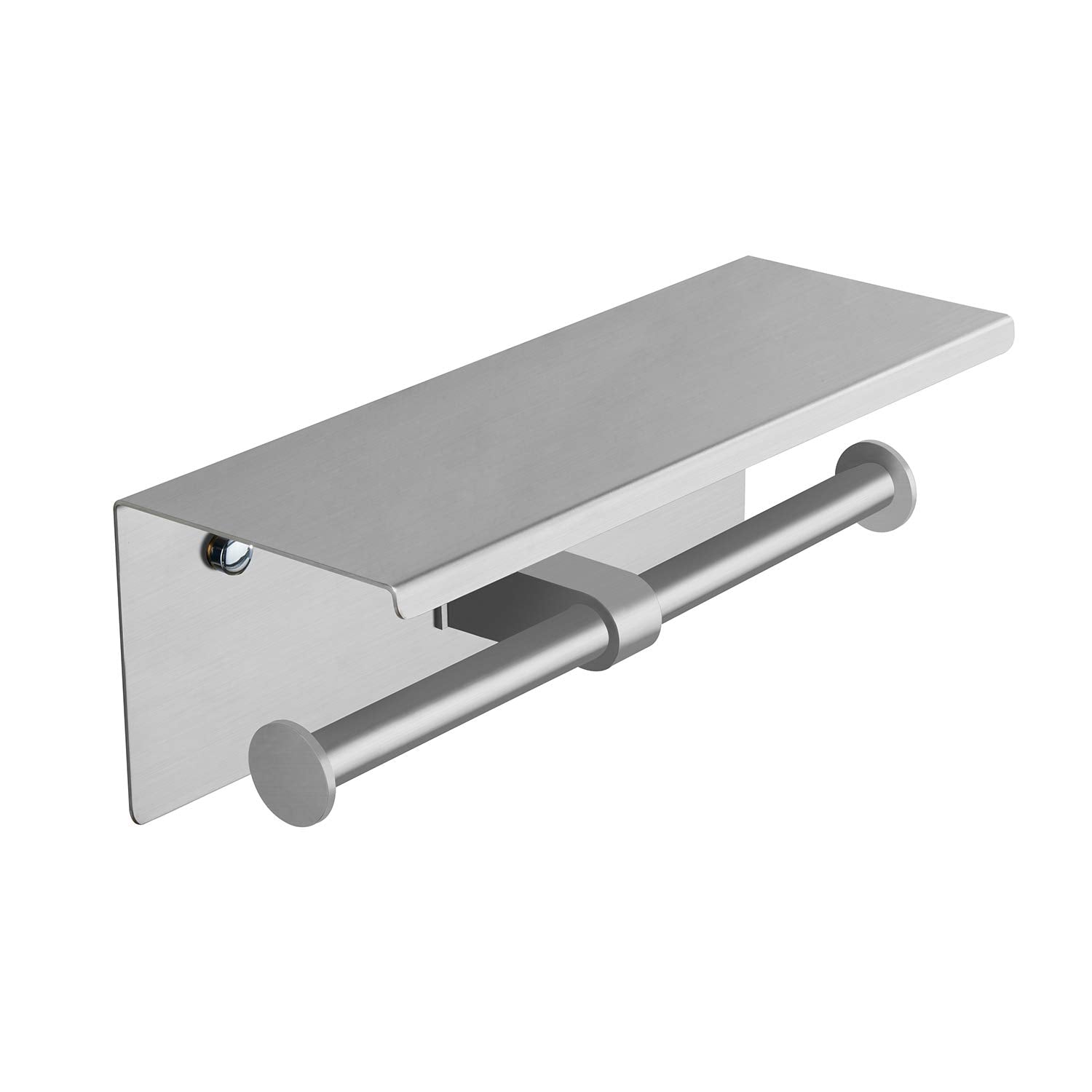 Front view shows the double-head design with a brushed nickel finish.