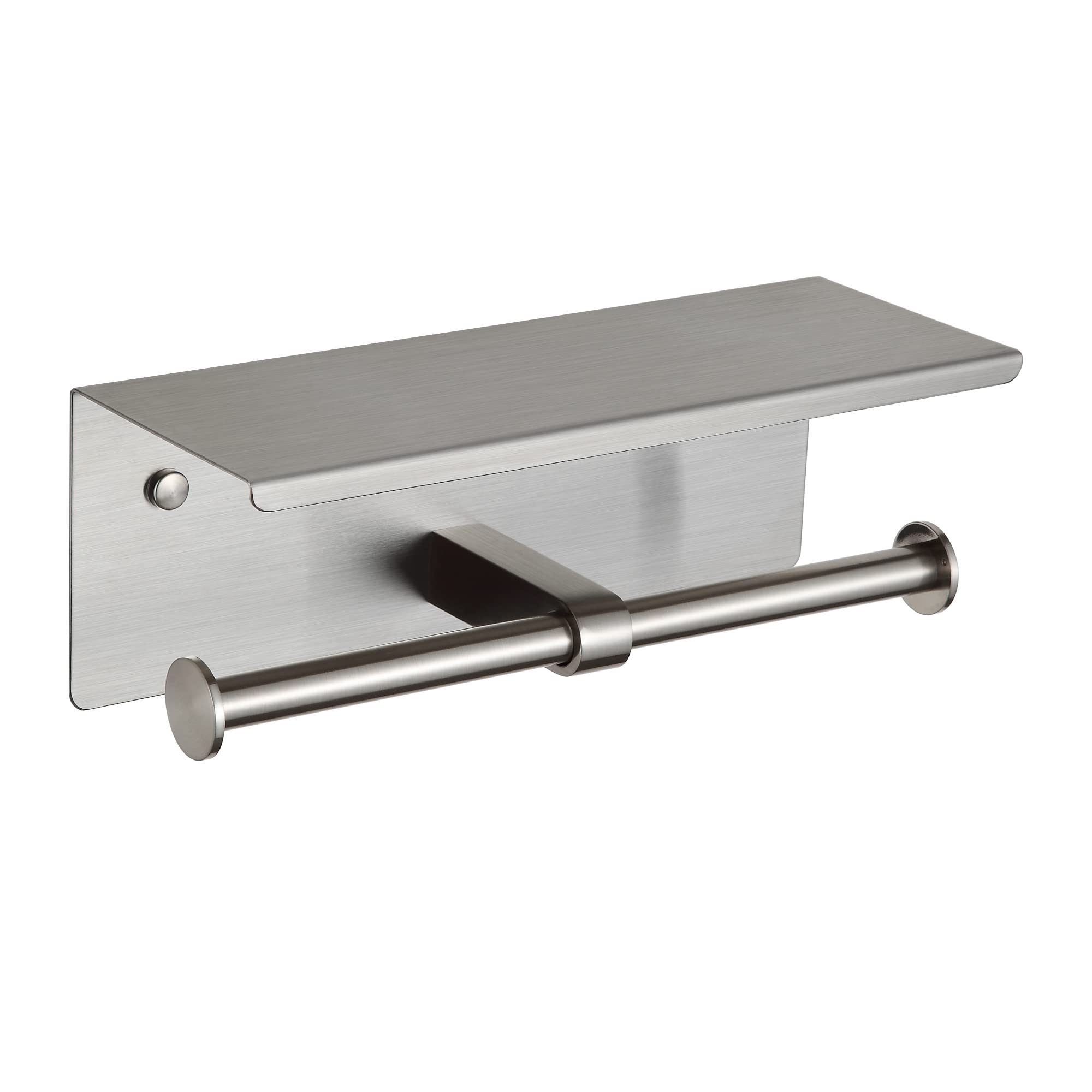 BGL toilet paper holder with shelf in brushed nickel, wall-mounted for bathroom convenience.