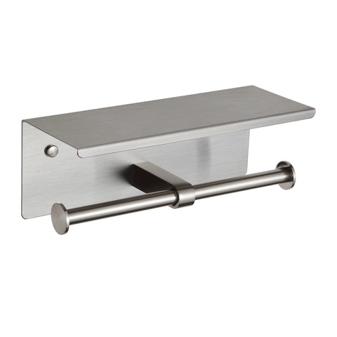 BGL toilet paper holder with shelf in brushed nickel, wall-mounted for bathroom convenience.