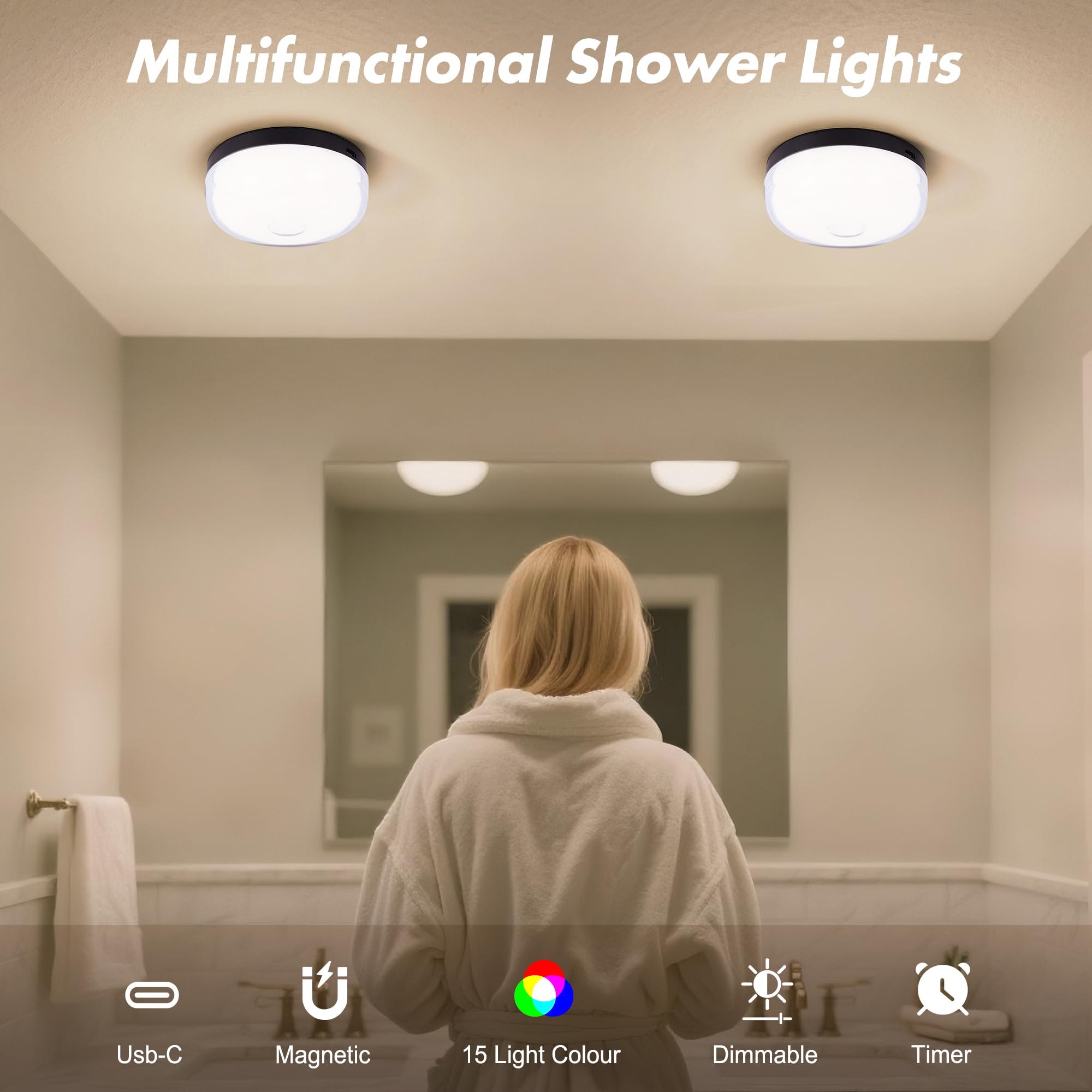Bgmonster 2Pack shower light magnetic mount for quick, damage-free installation