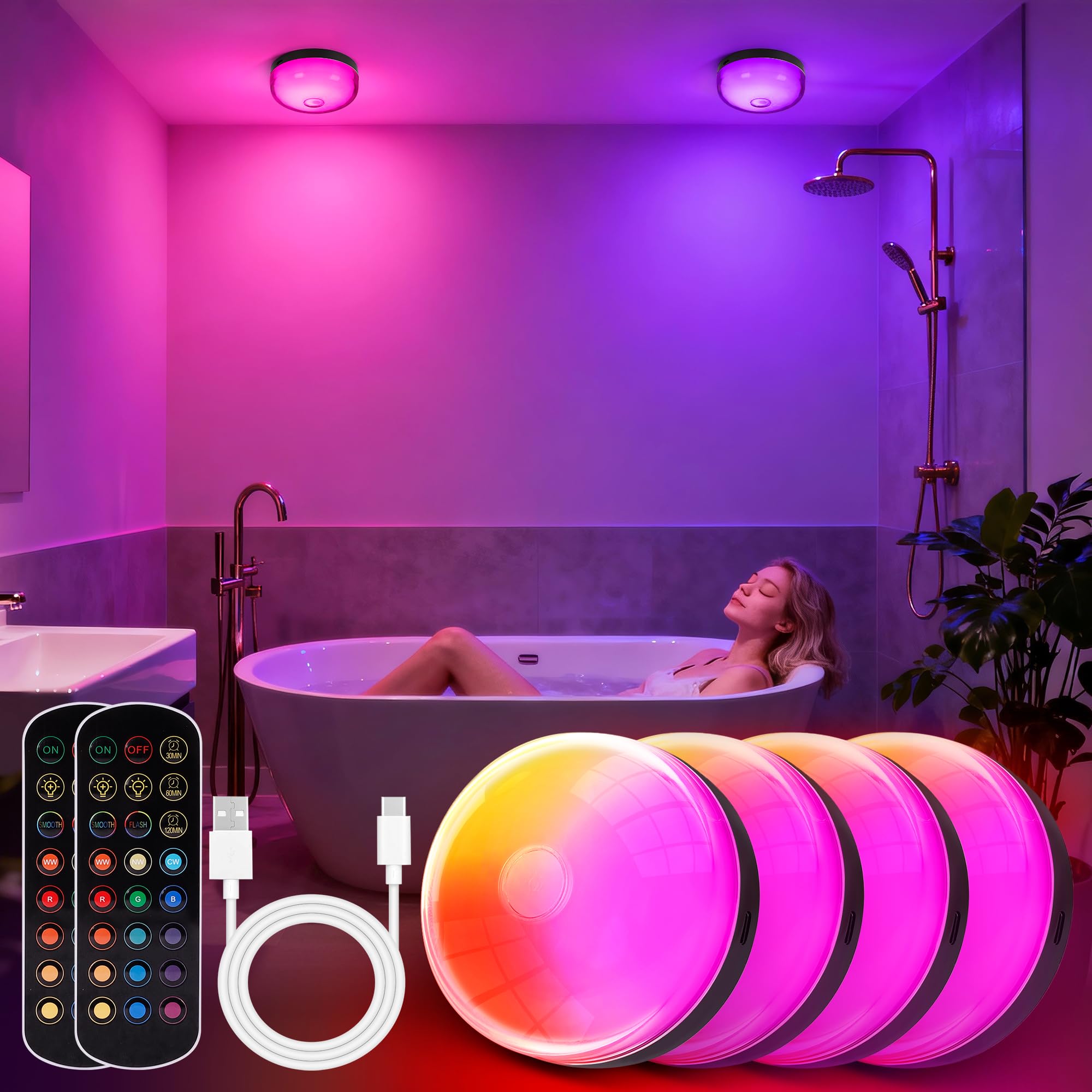 Bgmonster 4-pack rechargeable shower light with magnet installation for bathroom ambiance.