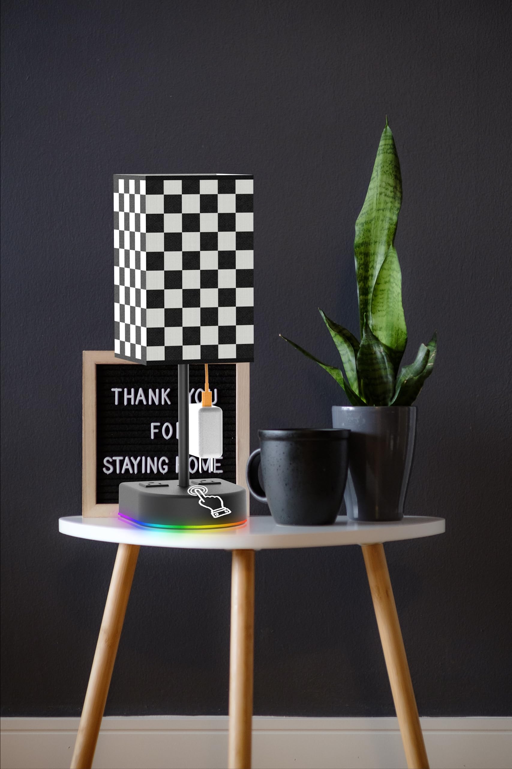 Checkerboard fabric shade close-up highlights stylish design.