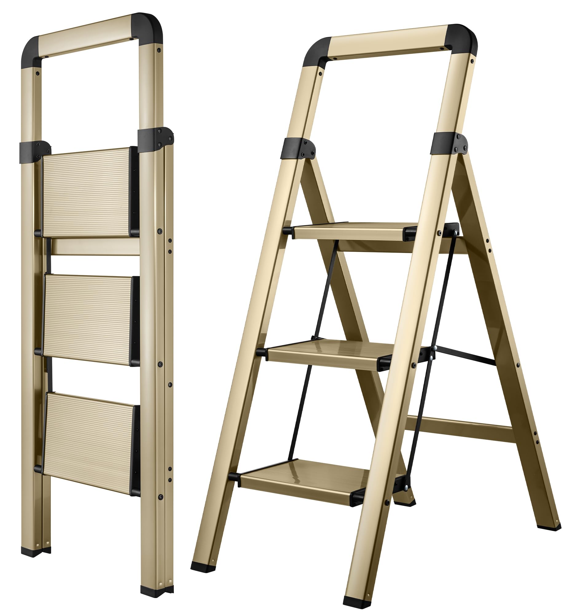 Bibkoke Step Ladder 3-step open with champagne gold finish for high shelf access