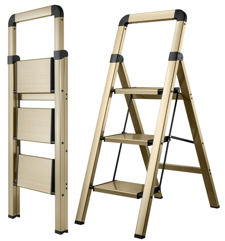 Bibkoke Step Ladder 3-step open with champagne gold finish for high shelf access