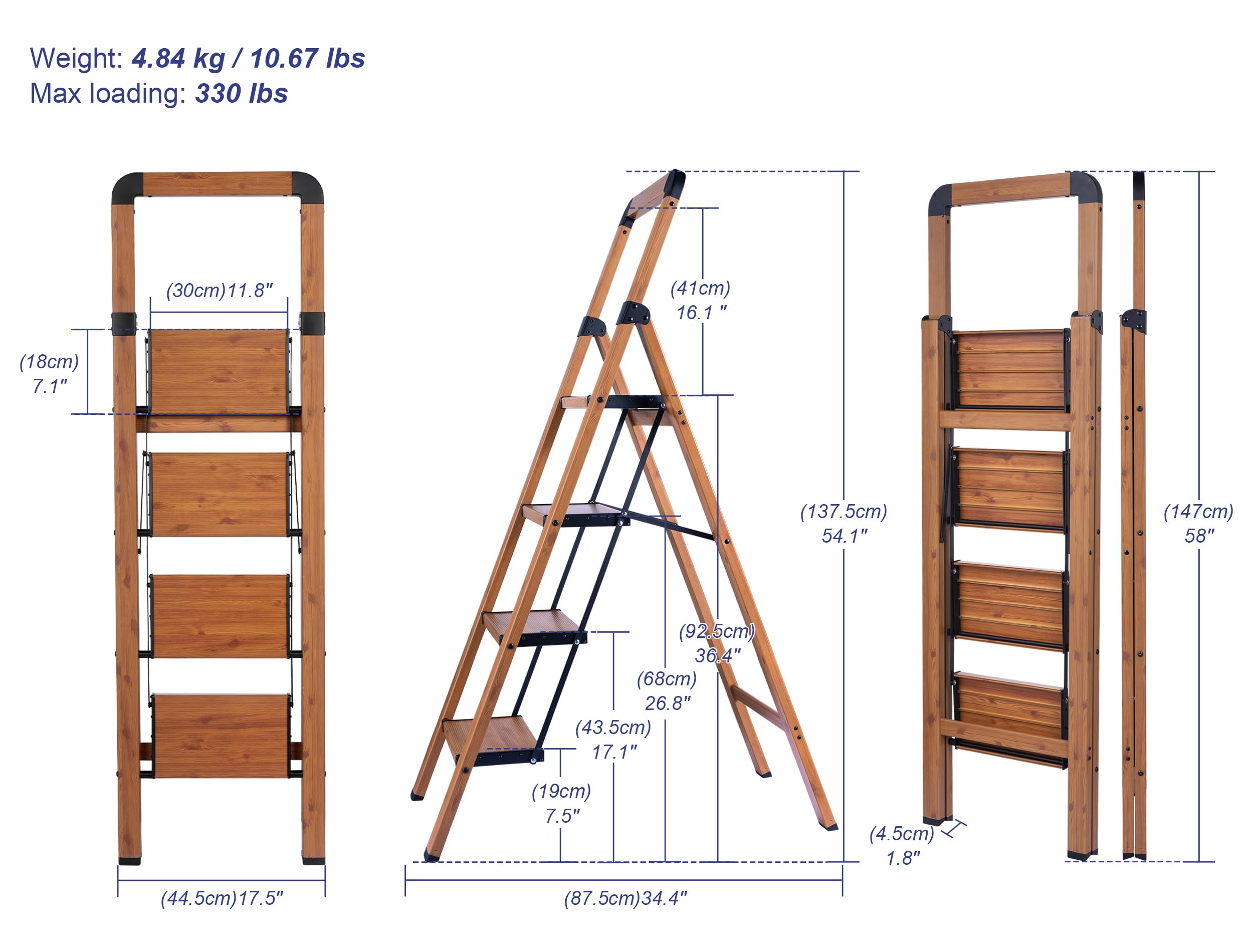 Bibkoke woodgrain 4-step ladder folded for compact storage