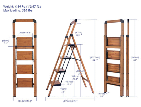Bibkoke woodgrain 4-step ladder folded for compact storage